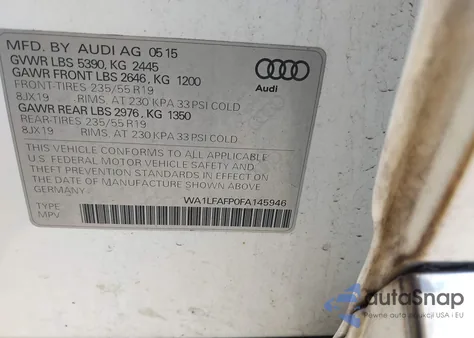 2015 Audi Q5 2.0T Premium z USA, uszkodzony, nr VIN WA1LFAFP0FA145946